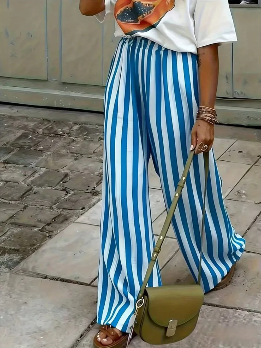 White Casual Women's Striped Woven Wide Leg Beach Pants - Picture 3 of 5